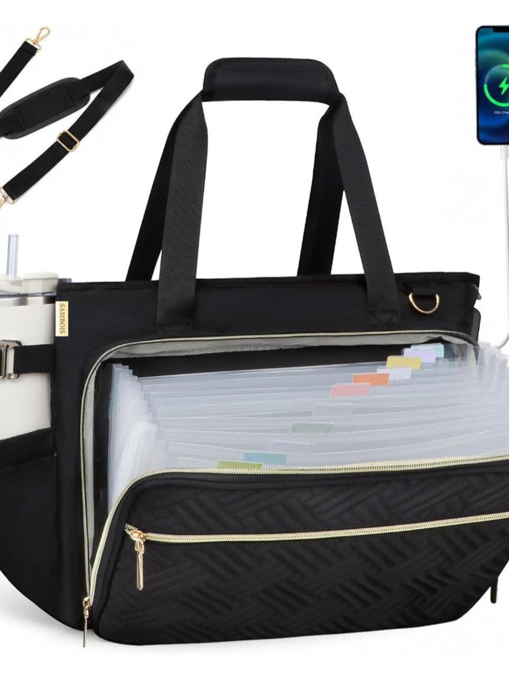 Women Teacher Tote Bag, 15.6 Inch Laptop Work Bag with Accordion File Pocket, US